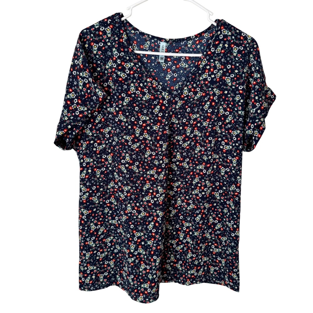 Quezhu Womens Navy Blue Ditsy Floral‎ V-Neck Short Sleeve Blouse Top Size M